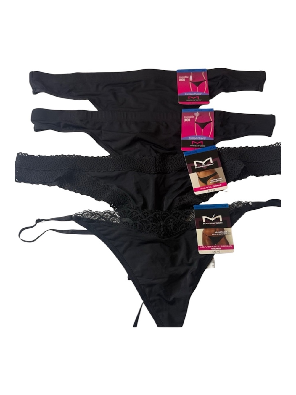 Maidenform Assortment of Thong Panties. 4 Pairs. Black. Size XL / 8